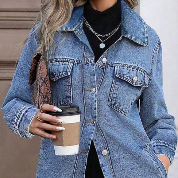 Blue Casual Women's Long Denim Jacket - Picture 3 of 5